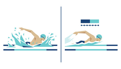 Obraz premium Two versions of a swimmer in the water contrast a splashing stroke with a smooth efficient aquatic glide.