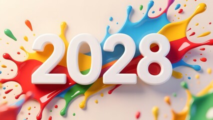 Fototapeta premium 2028 New Year 3D numbers, vibrant colorful paint splash background, creative artistic 2028 calendar year concept, dynamic liquid ink explosion