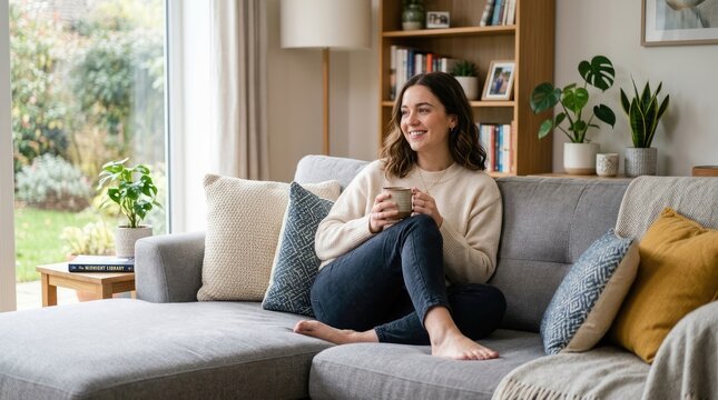 A young woman sits on a comfortable grey sofa, holding a mug and smiling. She is barefoot and relaxed, enjoying a moment of peace in her home.