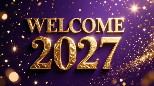 Welcome 2027 New Year greeting, elegant gold 3D lettering on purple background, festive holiday celebration banner with sparkling glitter and bokeh