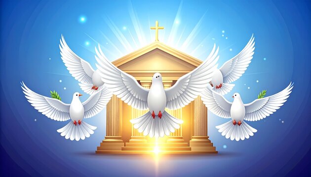 Radiant angelic figure hovering above a glowing temple in ethereal light.