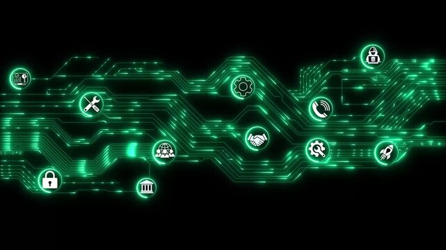 Animation of data processing with icons over connections data transfer 4k animated motion video. Network connections and data points animation over blurred cityscape background. digital data prosing.