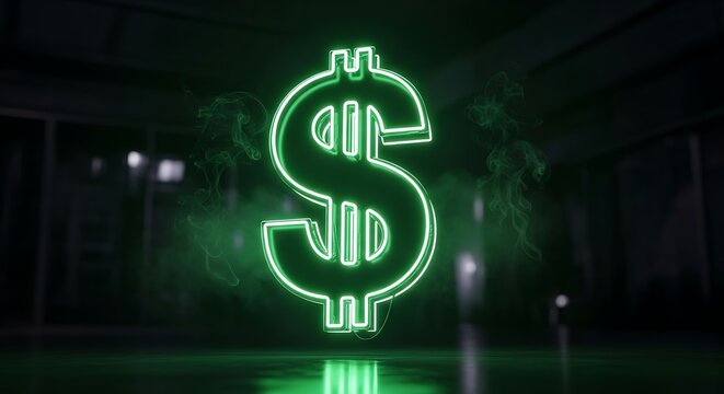 A large, glowing green dollar sign neon light in a dark outdoor setting with trees and lights