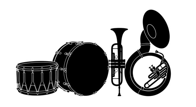 Black silhouettes of musical instruments on white background with silhouettes drum set trumpet french horn percussion orchestra brass band