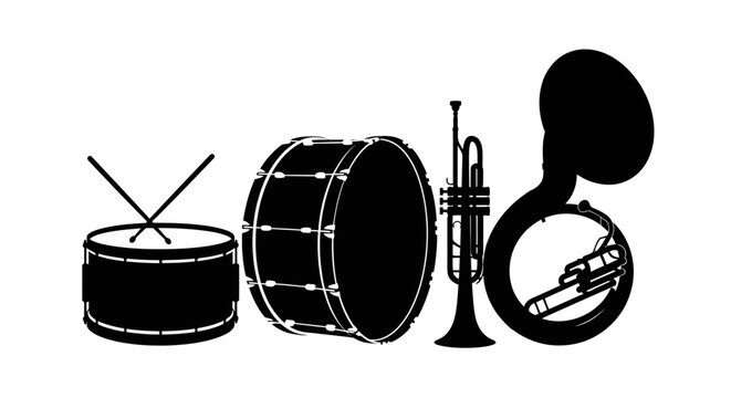 Black silhouettes of musical instruments on white background with silhouettes drum set trumpet french horn illustration equipment graphic with design