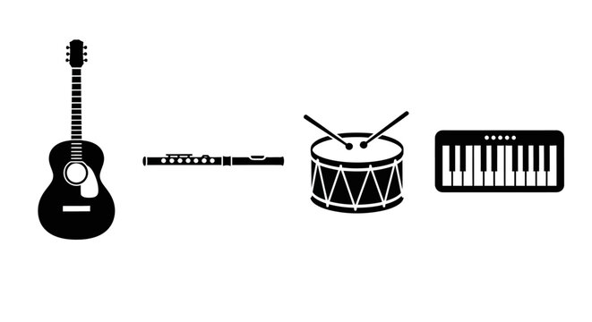 Black and white musical instruments icons with set black illustration symbols graphic guitar design melody rhythm flute piano sound with drum
