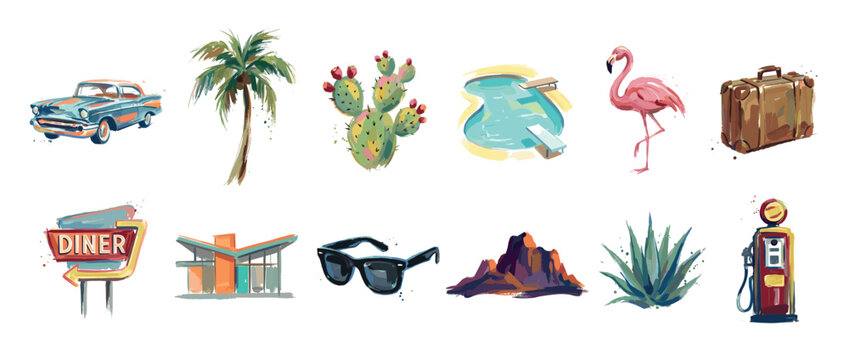 Retro travel icons set. American road trip and vacation concept. Includes vintage car, palm tree, cactus, swimming pool, flamingo, suitcase, diner sign, mid-century house, sunglasses,