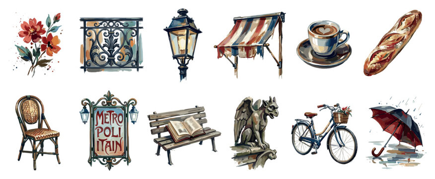 Paris elements icons set. French city travel and culture concept. Includes flowers, wrought iron fence, street lamp, awning, coffee cup, baguette, chair, Metro sign, bench, gargoyle,