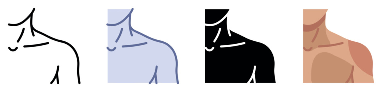Human neck and shoulder icons set. Anatomy and body structure concept. Includes neck, shoulder, collarbone, trapezius muscle, deltoid muscle, clavicle. Flat and line style