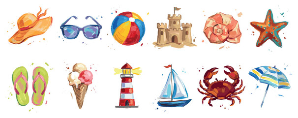 Fototapeta premium Summer beach vacation icons set. Holiday and travel concept. Includes sun hat, sunglasses, beach ball, sandcastle, seashell, starfish, flip-flops, ice cream, lighthouse, sailboat, crab,
