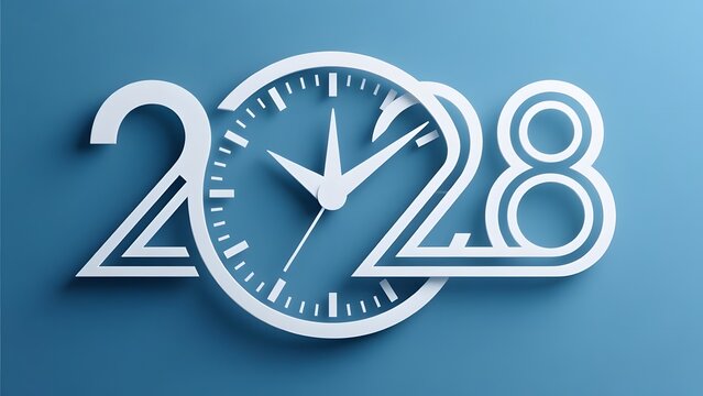 Year 2028 concept with analog clock face, white 3D numbers on blue background, creative time management and future planning visual