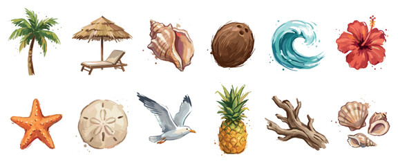Obraz premium Tropical vacation icons set. Summer holiday and beach travel concept. Includes palm tree, beach umbrella, seashell, coconut, ocean wave, hibiscus flower. Watercolor style