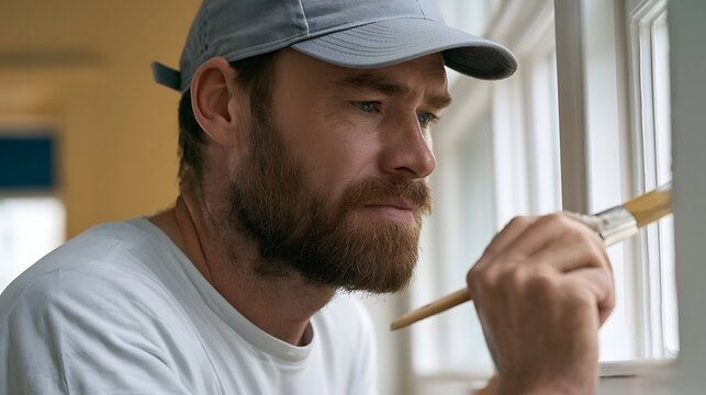 A man with a beard and cap carefully paints window trim with a brush indoors under natural light