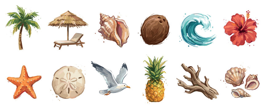 Tropical vacation icons set. Summer holiday and beach travel concept. Includes palm tree, beach umbrella, seashell, coconut, ocean wave, hibiscus flower. Watercolor style
