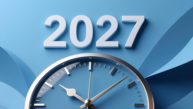 Year 2027 concept with analog clock face, white 3D numbers on blue background, time management and future planning for 2027 business goals