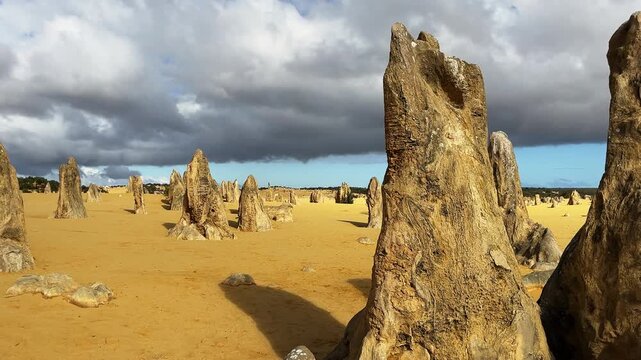 Tall rocks stand on yellow sand in Pinnacles Desert, Western Australia with dark clouds above during the day.