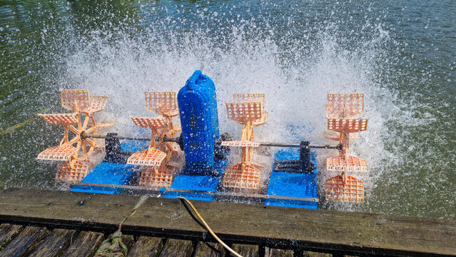 Floating paddle wheel aerator spraying water on pond surface near wooden pier. Water oxygenation, aquaculture and water quality management concept