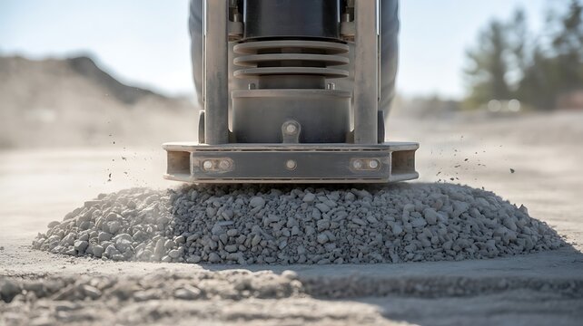Industrial plate compactor machine flattening a pile of gravel and crushed stone on a construction site with dust rising in the sunlight