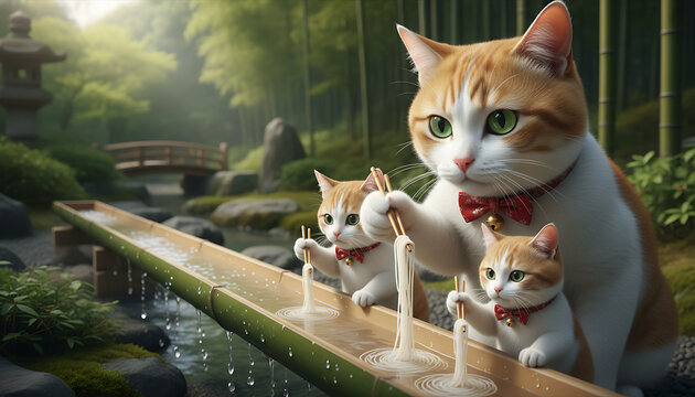 Cats enjoying nagashi somen in a Japanese bamboo garden