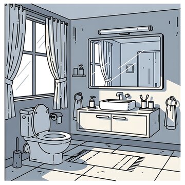 A monochromatic illustration of a bathroom interior with toilet, sink, and mirror