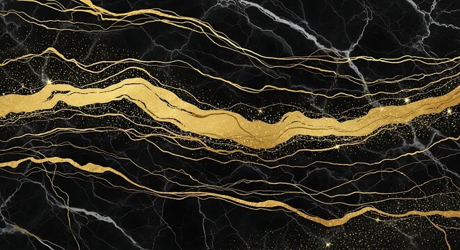 A luxurious black and gold marble pattern with wavy lines