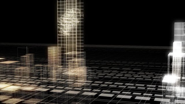 digital 3d city by  texture wireframe building technology with light glow for business, design looklike ai data computer concept pattern dark background, illustration .futuristic.