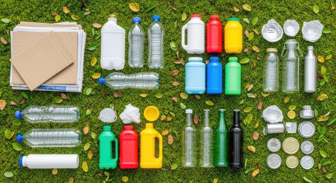 A collection of plastic bottles and containers are arranged on a green lawn. The items include various sizes and colors of water bottles, juice bottles, and plastic containers.