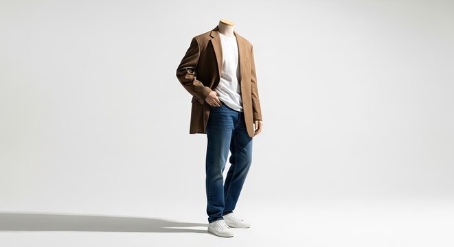 A man stands in a studio against a white background. He wears a camel-colored overcoat, light gray t-shirt, blue jeans, and white sneakers.
