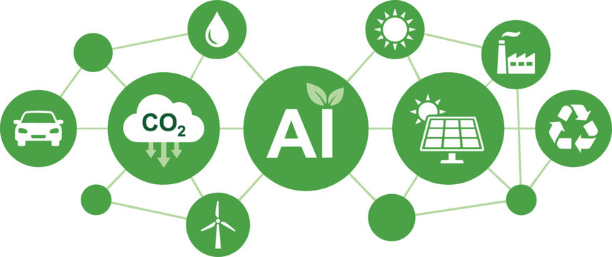 Artificial Intelligence AI for Sustainability Concept Infographic with Green Technology Icons for Renewable Energy Carbon Reduction and Ecology