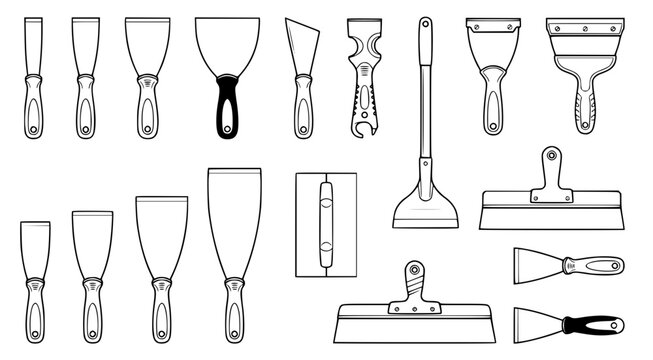 Diverse set of drywall taping knives and putty scrapers in black and white line art vector style for construction plastering and interior finishing service marketing