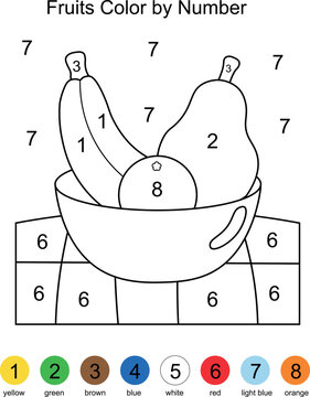 Educational color by number fruits bowl coloring page worksheet template for kids