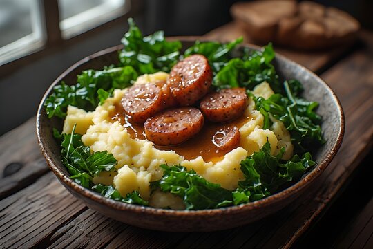 dutch stamppot with sausage, mashed potatoes, kale and gravy in a bowl