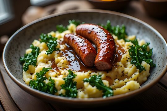 dutch stamppot with sausage, mashed potatoes, kale and gravy in a bowl