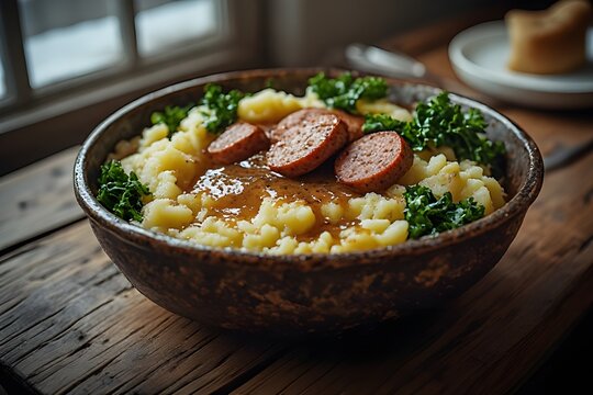 dutch stamppot with sausage, mashed potatoes, kale and gravy in a bowl