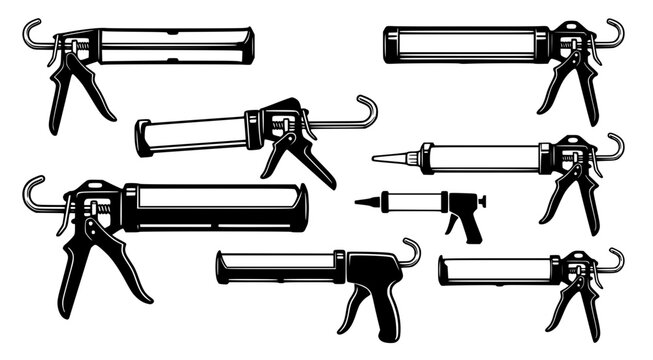 Collection of professional caulking guns and sealant application tools illustrated in clean black and white line art for construction and home improvement guides