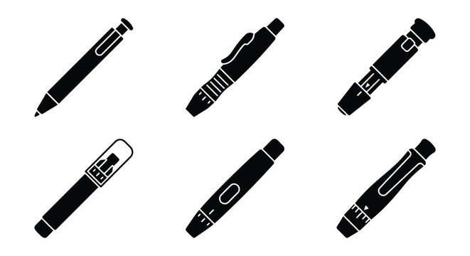 Insulin Pens Collection Black Vector Silhouettes On White Background