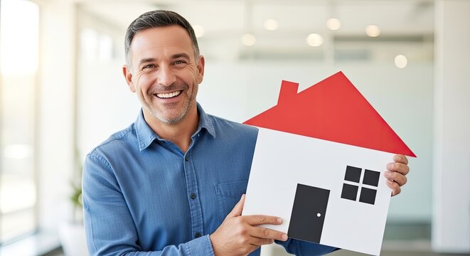 A smiling man holds a cardboard cutout of a house. He is wearing a blue button-down shirt and appears to be in his late 40s or early 50s.