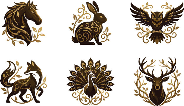  Luxury gold and brown animal emblem vector set with ornate baroque filigree wildlife logos isolated on white background