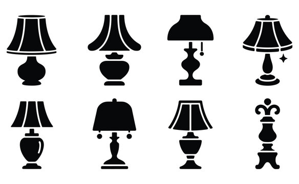 A collection of diverse silhouette icons representing various styles of desk and table lamps for interior design