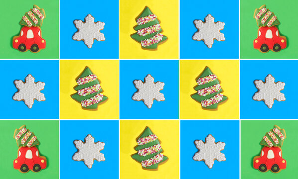 Christmas collage. Christmas gingerbread on a colored background.