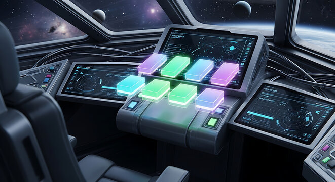 Futuristic spaceship control panel with holographic interface Full HD 4K Download 2025 2026