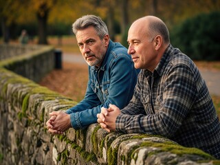Obraz premium Two middle-aged men in casual clothes lean on a mossy stone wall in an autumnal park, looking contemplative and deep in thought.