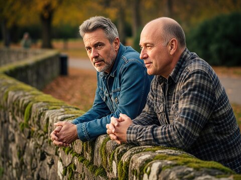 Two middle-aged men in casual clothes lean on a mossy stone wall in an autumnal park, looking contemplative and deep in thought.