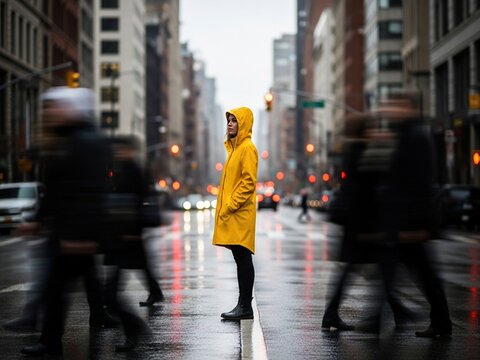 A woman in a bright yellow raincoat stands still on a busy, wet city street while blurred figures rush past her under a grey, overcast sky.
