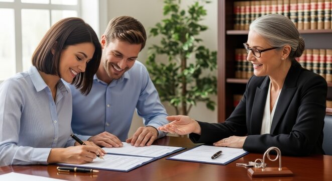 A couple signing a legal document in a lawyer's office.