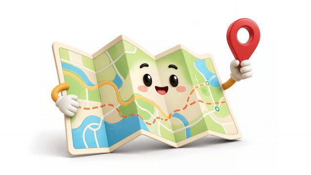 Cute 3D folded travel map character isolated on white