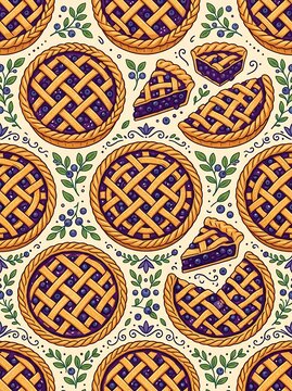 Blueberry pie seamless pattern with lattice crust and leaves