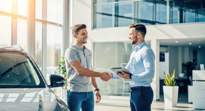 Two men shaking hands in a car dealership.