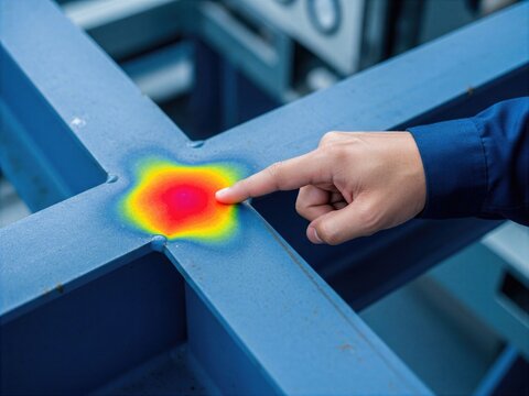 A person points to a thermal heat map on a blue industrial steel joint, highlighting a specific hotspot area, likely during a structural or thermal inspection.
