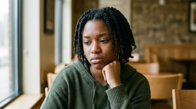 A young Black woman sits alone in a cafe, looking downcast and visibly upset. She has long, dark, coiled hair and is wearing a green sweater.